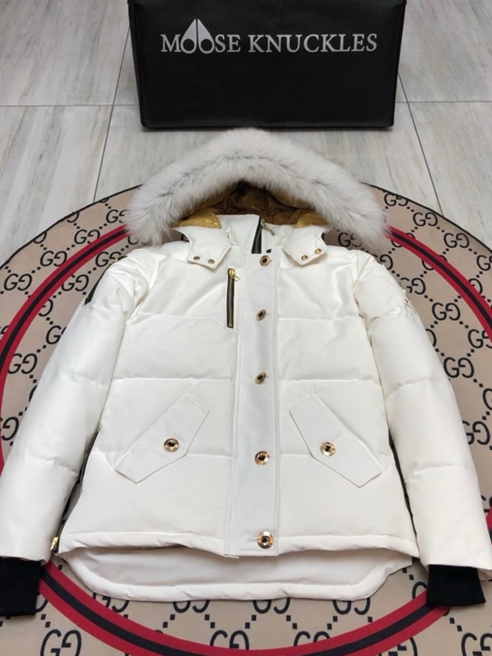 Moose Knuckles Women's Cream-White Down Puffer with Fur-Trim Hood